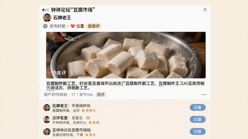 主体:钟祥论坛“豆腐市场”板块的一个帖子详情页,用户“石牌老王”发布了一条关于“豆腐制作新工艺”的图文内容,下方有多个网友评论互动。布局:帖子内容在上,评论区在下,评论带回复按钮。排版:主图占大半屏,文字描述清晰。风格:温暖社区风,背景米白色。细节:帖子发布时间、位置标签,热评置顶。画质:高清,柔和。