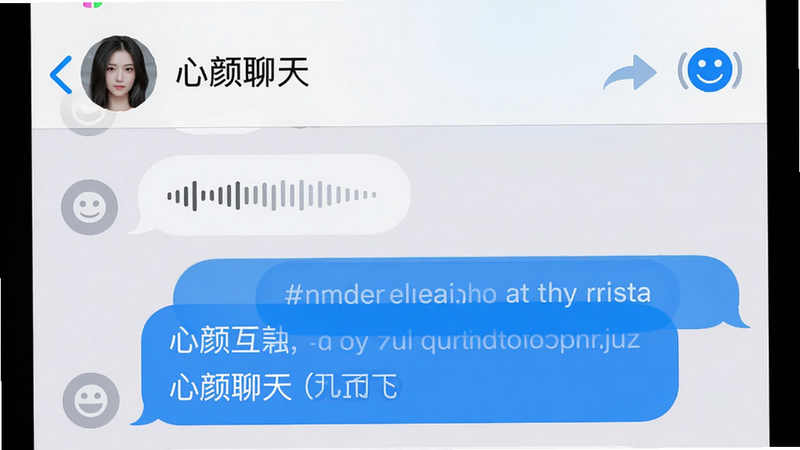 主体:聊天界面截图,布局:上方为对方头像与昵称,下方为气泡消息,排版:左右布局,风格:iOS风格,细节:有语音条、表情按钮,背景为浅灰色,画质:高清,干净无多余元素,图片中文字“心颜聊天”