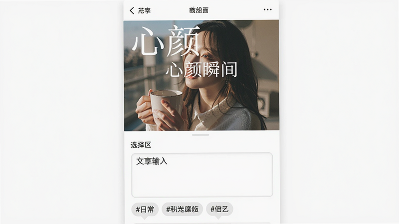 主体:动态发布页面,布局:上方为图片选择区,下方为文字输入框与标签,排版:竖版,风格:ins风,细节:图片带有滤镜效果,下方有#标签如#日常,画质:高清,干净无多余元素,图片中文字“心颜瞬间”
