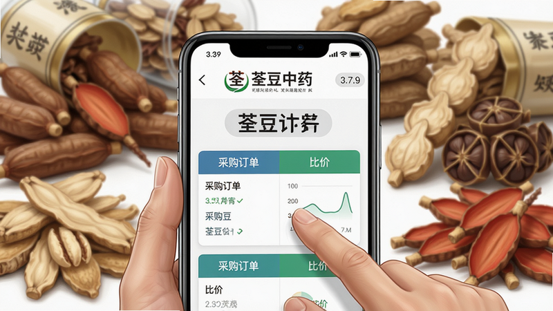主体:一位采购员正在手机屏幕上操作荃豆中药界面,显示“采购订单”和“比价”模块,布局:居中构图,手机屏幕特写,周围有中药材背景,排版:手机界面清晰显示荃豆中药logo和文字,风格:写实商业插画,干净明亮,细节:手机屏幕有“3.7.9”版本号标识,药材堆栈自然,画质:超高清,无多余元素