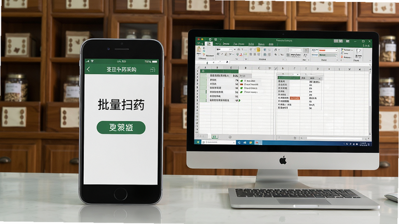 主体:手机与电脑并排放置,屏幕分别显示荃豆中药采购界面,布局:左右对称,风格:实物拍摄风格,细节:手机显示“批量扫药”,电脑显示Excel导入界面,背景为中药柜台,画质:高清,干净无杂物