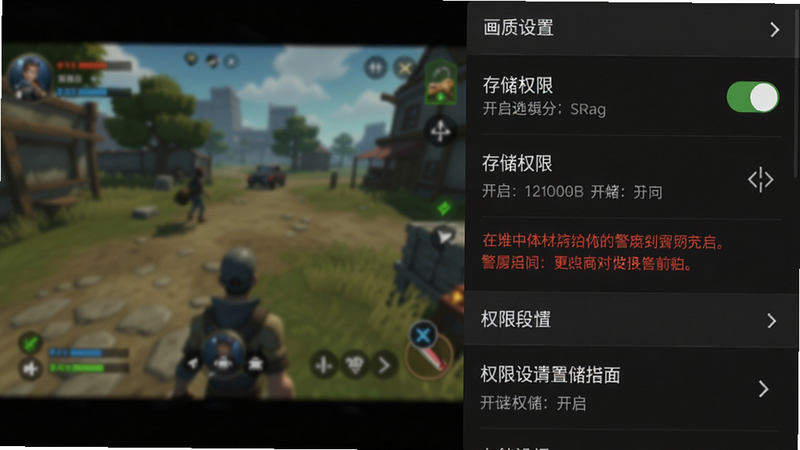 主体:手机游戏界面截图,展示设置菜单中的画质选项和权限设置界面;布局:屏幕左侧为游戏画面模糊预览,右侧为设置选项列表;排版:清晰展示“存储权限”开启状态;风格:写实截图;细节:红色警告文字突出显示;画质:高清,无多余元素。