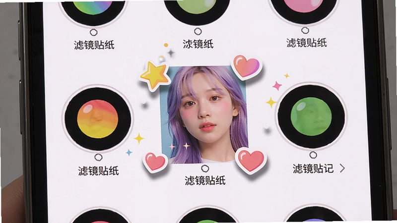 主体为手机屏幕展示滤镜选择界面,屏幕上排列着圆形滤镜缩略图,中央一张人像照片应用了糖果色滤镜,周围有星星和爱心贴纸装饰,布局网格排列,风格甜美可爱,细节包括滤镜名称标签和贴纸阴影,画质高清,干净无多余元素,图片上的文字为“滤镜贴纸”