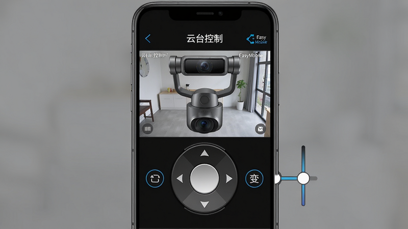 主体为手机屏幕显示云台控制界面,中间为监控画面,下方有虚拟圆形摇杆和变倍滑块,布局清晰,风格现代UI,细节摇杆上有箭头方向指示,画质高清,背景为纯色,无多余元素,屏幕顶部有“云台控制”和“EasyMobile”字样。