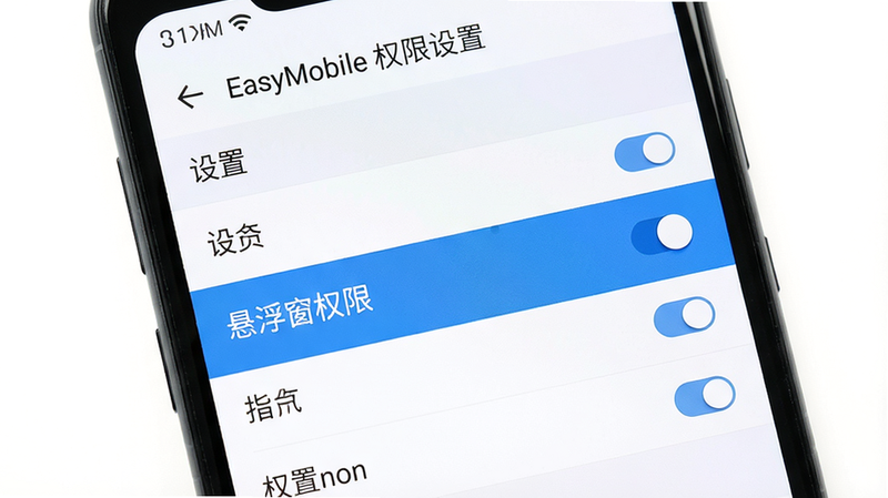 主体为手机屏幕上显示“设置”菜单,菜单项中“悬浮窗权限”被高亮选中,布局居中,风格系统设置界面,细节有开关按钮,画质清晰,背景为白色,无多余元素,屏幕顶部有“EasyMobile 权限设置”字样。