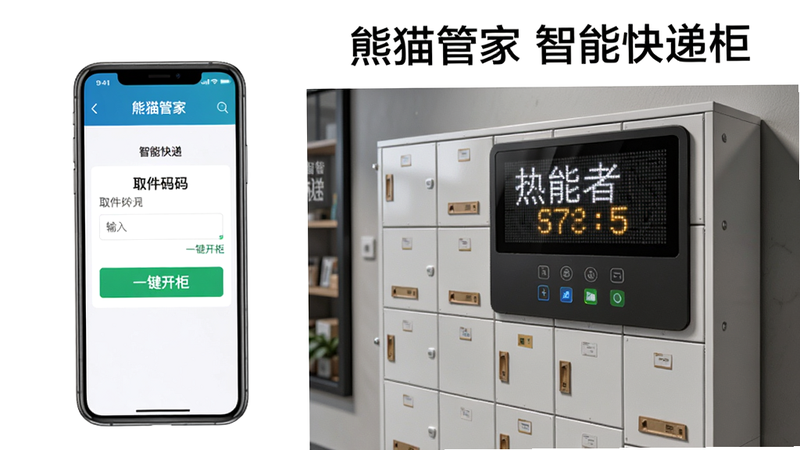 熊猫管家智能快递柜管理界面,手机APP显示取件码输入框和'一键开柜'按钮,旁边是快递柜实景图,风格写实,细节有LED屏幕显示取件码,画质清晰,干净无多余元素。文字标注'熊猫管家 智能快递柜'