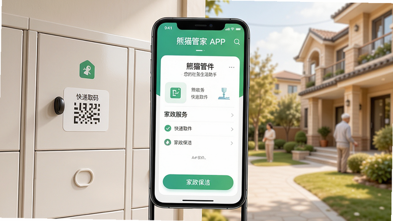 熊猫管家APP界面展示,手机屏幕上显示快递柜取件码和家政服务预约页面,背景是温馨的社区环境,布局清晰,风格现代简约,细节包括'快递取件'和'家政保洁'按钮,画质高清,干净无多余元素。文字标注'熊猫管家 - 您的社区生活助手'