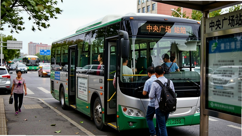 主体:大巴正在公交站台停靠,乘客排队上车,背景是繁忙的十字路口和行人。布局:侧前方视角,大巴车门打开,乘客动态姿势。排版:画面右侧为车站站牌(文字“中央广场站”),左侧有行人和车辆。风格:生活化街景,色彩丰富,人物比例真实。画质:细节包括车窗倒影、树叶晃动,无多余元素。