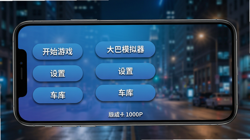主体:手机屏幕上显示游戏主菜单界面,左侧有“开始游戏”、“设置”、“车库”按钮,背景是模糊的城市夜景。布局:居中显示菜单,按钮采用圆角矩形设计,上有中文文字“大巴模拟器”。排版:简洁的纵向菜单,底部有游戏版本号。风格:扁平化UI与写实背景结合,颜色为蓝色渐变。画质:1080P,按钮阴影清晰,无多余元素。