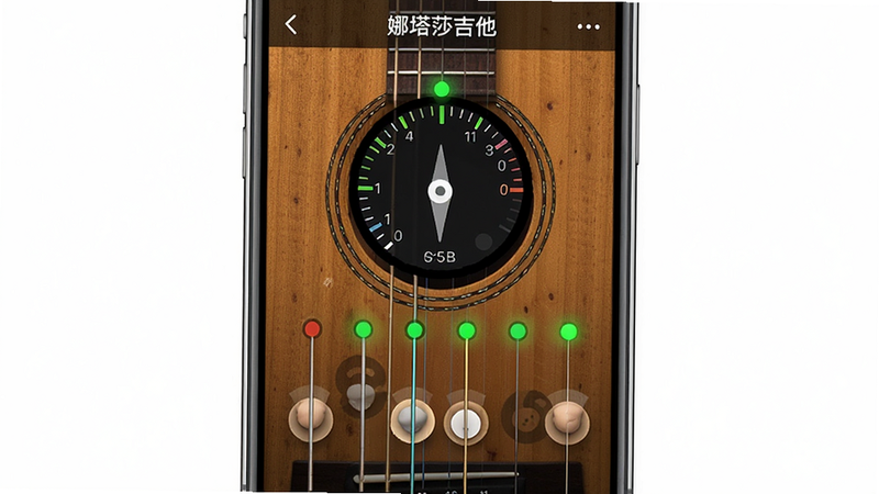 主体为手机屏幕界面显示“娜塔莎吉他”调音主界面,底部有6根琴弦虚拟拨弦动画,背景为木吉他纹理,布局居中,风格清新简约,细节包括调音指针和绿色指示灯,画质高清干净,无多余元素。