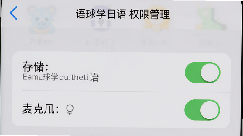 手机设置页面显示语球学日语权限列表,其中存储和麦克风开关开启状态,屏幕上方有“语球学日语 权限管理”字样,背景为系统设置界面,画质干净。