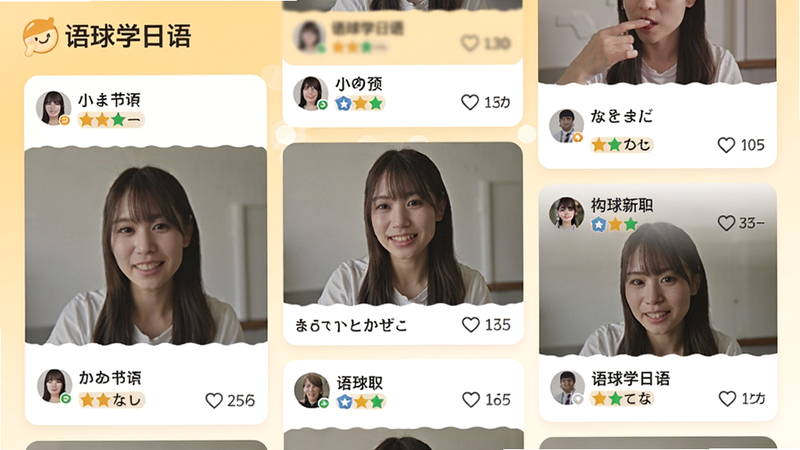 社区界面展示多个用户发布的日语跟读短视频卡片,卡片上显示用户名、等级徽章和点赞数,左上角有