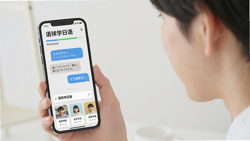 画面展示一位年轻人在手机前跟读日语,手机屏幕显示