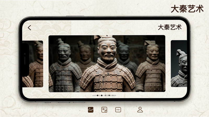 画面主体为一部手机屏幕展示“大秦艺术”App界面,界面布局分为顶部导航栏、中部滚动画廊和底部功能按钮。风格为扁平化+质感纹理,细节显示一幅秦代兵马俑高清图在屏幕中央,画质细腻,背景为淡雅宣纸纹理,整体干净无多余元素,屏幕右上角有“大秦艺术”字样。