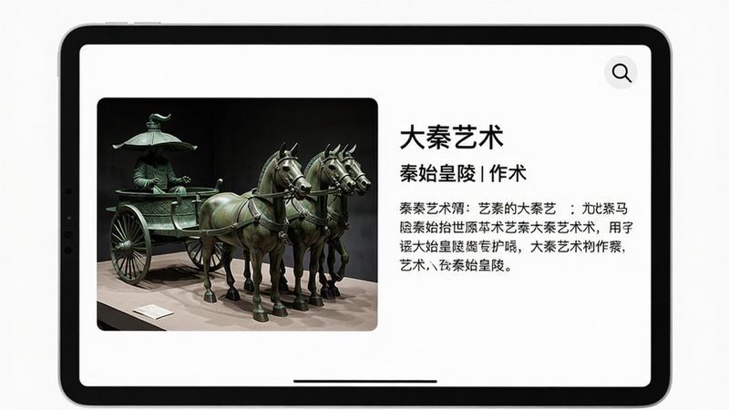 画面主体为平板电脑展示大秦艺术App的艺术品详情页,布局左侧为作品高清缩略图,右侧为详细文字介绍与放大镜图标。风格为简洁现代,细节:一幅《秦始皇陵铜车马》高清图占据左侧,右侧文字包含“大秦艺术”与作品名称,画质清晰,背景为纯白色,无多余元素。