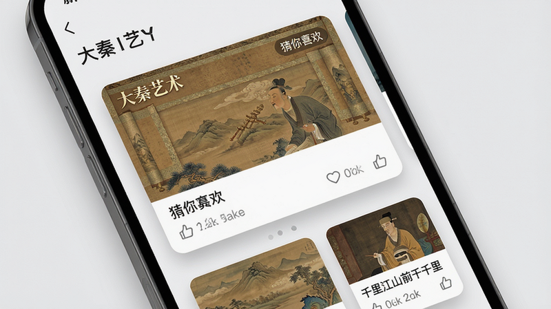 画面主体为手机竖屏展示大秦艺术App的推荐页面,布局为瀑布流卡片式排版,每张卡片包含缩略图、标题和点赞数。风格为卡片+阴影,细节:第一张卡片显示“大秦艺术”推荐的一幅《千里江山图》局部,旁边有“猜你喜欢”标签,画质高清,背景为浅灰色,干净整洁。