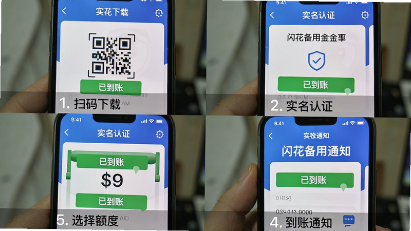 ��������Ϊ�ֻ���Ļ��ͼƴ�ӣ�չʾ�������ý�APP���ĸ����Ĳ������裺ɨ�����ء�ʵ����֤��ѡ���ȡ�����֪ͨ�������ϲ����Ĺ������У�ÿ��Сͼ�·������ֲ����ע�����Ϊ��ʵUI��ͼ������ɫ��������ϸ�ڴ�ͻ��