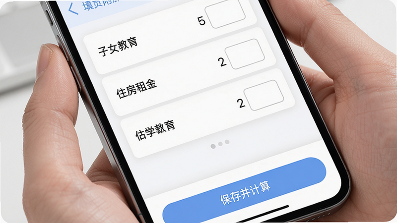 手机软件界面展示专项附加扣除填写页面,列出了“子女教育”“住房租金”等选项,每个选项后有数字输入框,底部有“保存并计算”按钮,布局整齐,色彩柔和,画质高清