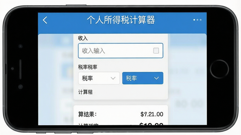一张智能手机屏幕截图,显示个人所得税计算器主界面,顶部有“个人所得税计算器”标题,下方为收入输入框和税率选择区域,底部展示计算结果,整体风格简约扁平化,蓝色与白色搭配,画质清晰干净,无多余元素