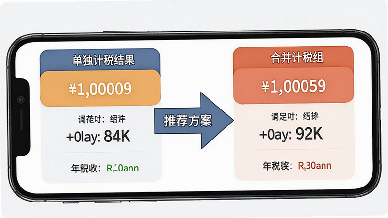 手机屏幕上显示年终奖计算对比结果,左侧为单独计税结果,右侧为合并计税结果,中间用箭头标注推荐方案,界面数据清晰,颜色分区明确,背景干净