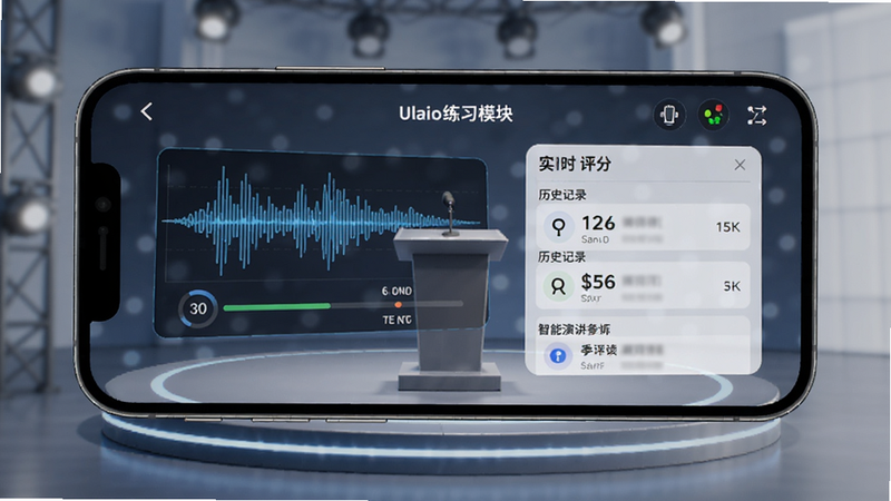 智能演讲教练主界面展示,手机屏幕上显示演讲练习模块,包含语音识别波形图、实时评分、历史记录,背景为虚拟演讲台,风格现代科技感,高清画质,干净无多余元素。