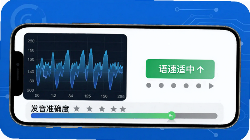 智能演讲教练实时语音反馈界面,手机屏幕左侧显示语速波形图,右侧有“语速适中”绿色提示,底部有“发音准确度”评分条,背景干净,科技蓝风格。