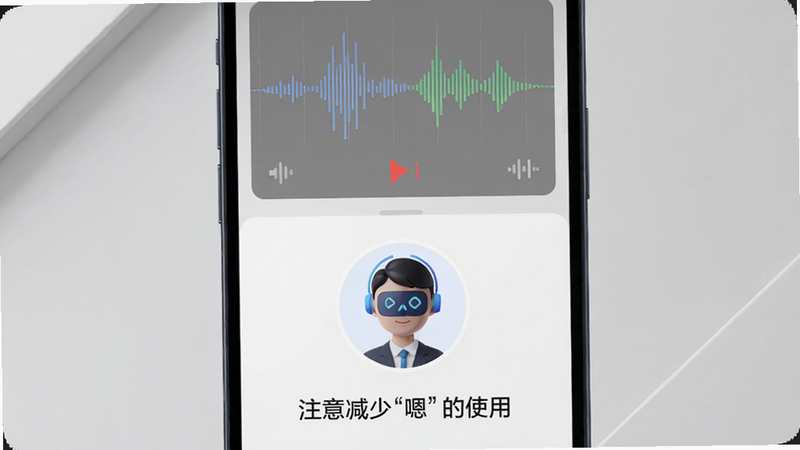 智能演讲教练AI教练对话界面,手机屏幕上半部分显示录音波形,下半部分有AI教练头像和文字点评“注意减少‘嗯’的使用”,背景为浅色,画质细腻。