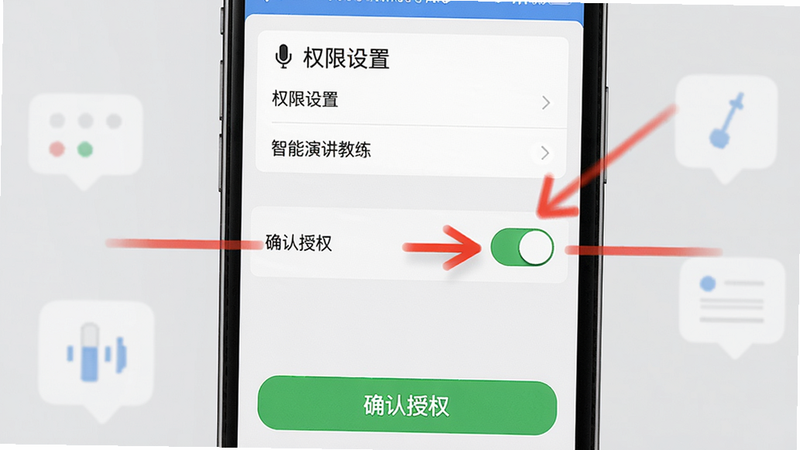 智能演讲教练使用指南示意图,手机屏幕显示权限设置界面,红色箭头指向麦克风开关,底部有“确认授权”按钮,背景为浅灰色,文字清晰,画质高清。