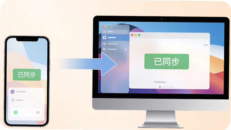 笔落写作云端同步示意图,手机和电脑屏幕并列显示,中间有同步箭头,界面风格统一,显示“已同步”状态,画质清晰,色彩柔和。