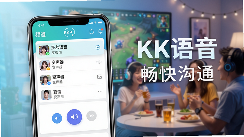 KK语音是一款专为游戏玩家和社交爱好者打造的实时语音沟通工具,界面简洁,支持多人语音、变声器和自定义语音包。请在图中展示一款手机屏幕,屏幕上显示KK语音的主界面,包含频道列表、语音控制按钮和变声器选项。整体风格清新明亮,背景为游戏场景或社交聚会氛围。画质高清,干净无多余元素,文字显示“KK语音”和“畅快沟通”。