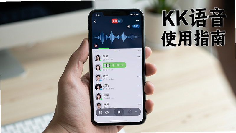 展示KK语音在手机上的实际使用场景,一只手拿着手机,屏幕上显示KK语音的频道聊天界面,有语音波形和成员列表。主体为手机和手,布局居中,风格真实摄影,细节清晰,画质高,文字显示“KK语音 使用指南”。