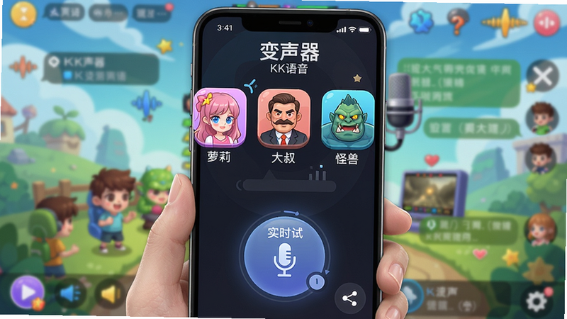 KK语音的变声器界面,手机屏幕上显示多个变声预设图标,如“萝莉”、“大叔”、“怪兽”,中间有一个实时试听按钮。背景为游戏聊天场景,风格活泼卡通,画质精细,文字显示“变声器”和“KK语音”。