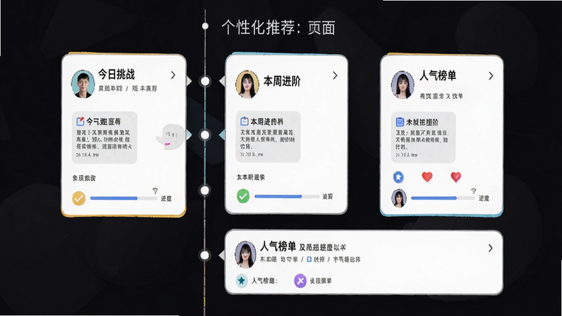 主体展示英语趣味配音的个性化推荐页面,布局为纵向时间轴模式,显示“今日挑战”“本周进阶”“人气榜单”三个板块,风格极简卡片设计,细节包含用户头像和进度条,画质清晰无杂乱元素。