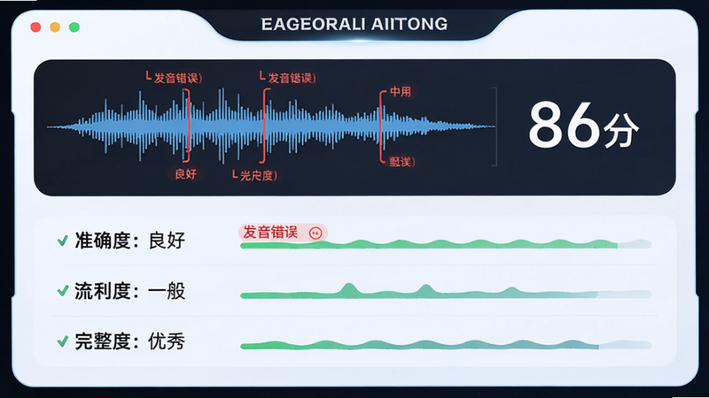 主体是英语趣味配音的AI评分结果界面,布局上方显示配音波形图与分数(86分),下方列出三行评价“准确度:良好”“流利度:一般”“完整度:优秀”,风格科技感UI,细节包含红色标记的发音错误位置,画质干净高清,无多余元素。