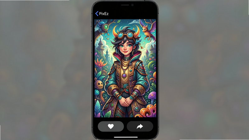 PixEz图片浏览界面,手机竖屏展示一张精美插画全屏预览,下方有收藏、分享按钮,顶部返回键,背景纯色,画质清晰,色彩鲜艳,细节丰富,布局简洁,无多余元素