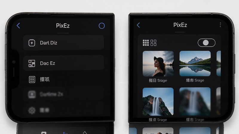 PixEz设置界面,手机屏幕显示暗黑模式选项,以及列表、网格、瀑布流三种浏览模式切换按钮,背景深色,排版整齐,图标清晰,画质高清,无多余元素
