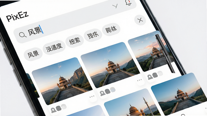 PixEz搜索界面,手机屏幕显示搜索栏输入“风景”,下方联想标签列表,背景白色,布局整洁,字体清晰,风格现代,搜索结果以网格形式展示,画质高清,干净无多余元素