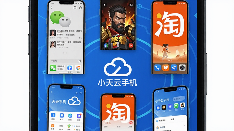 一个智能手机屏幕上展示多个小天云手机虚拟窗口,每个窗口显示不同应用界面,如微信、王者荣耀、淘宝,背景为科技蓝色调,中心有“小天云手机”品牌标识,布局整齐,风格现代,画质高清,干净无多余元素