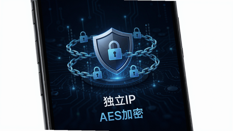 展示小天云手机安全锁界面,背景为深色科技风,中间有一个盾牌图标,周围有数据加密链路,下方有“独立IP”和“AES加密”文字标注,风格简约,画质清晰