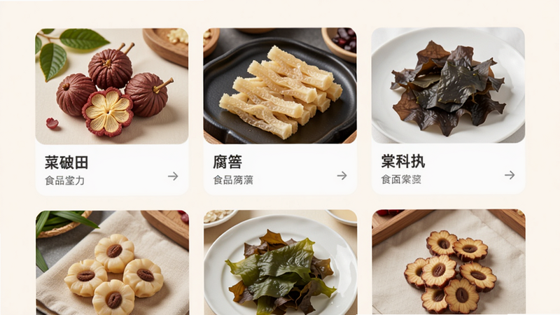 棠秀app首页预览图,展示食品分类网格布局,包含荔枝干、腐竹、紫菜等商品卡片,现代简约风格,色彩柔和温暖,清晰明亮,干净无多余元素