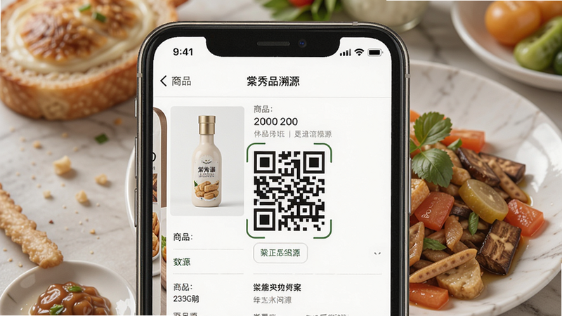 棠秀正品溯源功能截图,手机屏幕显示商品详情页带二维码图标,背景为食品实拍图,排版整洁,风格写实,细节清晰,画质细腻