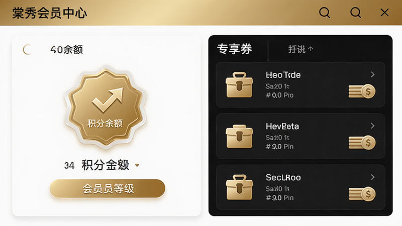 棠秀会员中心界面,展示积分余额、会员等级图标、专享券列表,配色金色与白色,现代商务风格,排版清晰,细节丰富,无水印