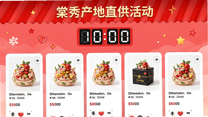棠秀产地直供活动页面,采用红色促销横幅,商品图片排列整齐,有倒计时图标,风格活泼,画质高清,无多余元素