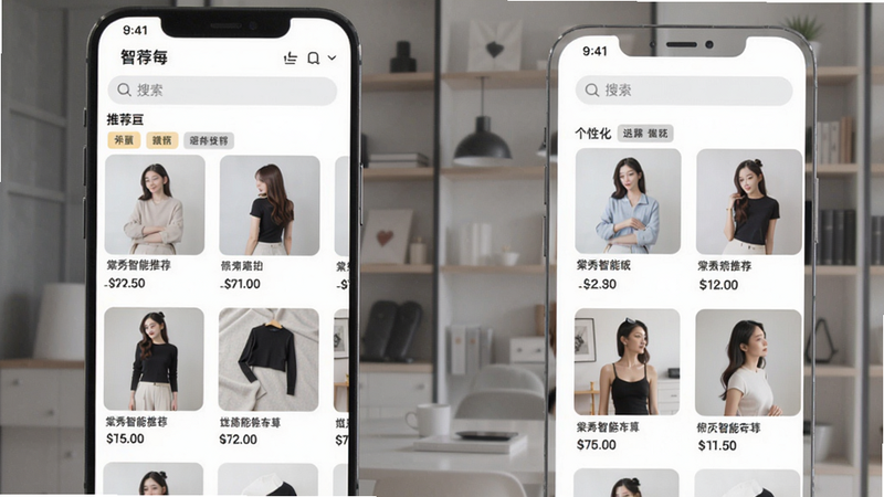 棠秀智能推荐页面,展示个性化商品列表,布局流式排版,风格清爽,手机顶部有搜索框,细节包括推荐标签,画质干净