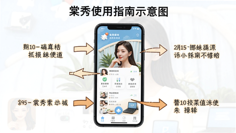 棠秀使用指南示意图,手机屏幕显示应用界面,旁边标注操作箭头,布局教学风格,图文结合,画质清晰,无多余元素