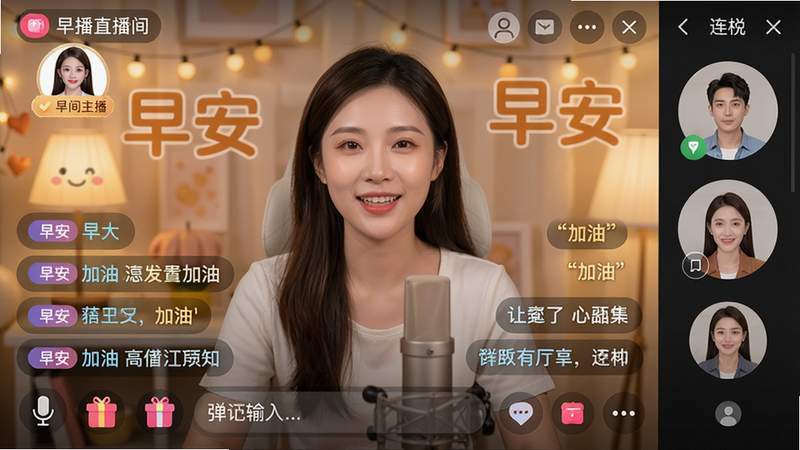 主体:早播直播间界面,主播在屏幕中央,下方有弹幕滚动,右侧有连麦用户列表。布局:主播画面占大部分,底部工具栏包含麦克风、礼物、弹幕输入框。排版:弹幕从右向左滚动,颜色各异。风格:直播平台经典布局,但色调偏暖,有