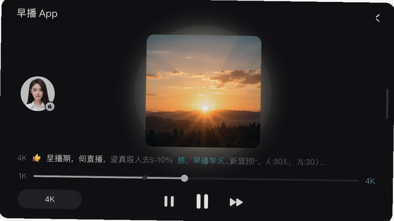 主体:早播App播放界面,显示播放进度条、封面图片和歌词滚动,左侧有主播头像,底部有暂停/下一曲按钮。布局:典型的音频播放器布局,封面居中,控制栏在底部。排版:时间显示在进度条两端,字体细长。风格:沉浸式深色模式,封面图以日出为背景。细节:进度条上有一个小圆点可拖动,封面图带有淡淡的光晕。画质:4K,干净,无多余元素。