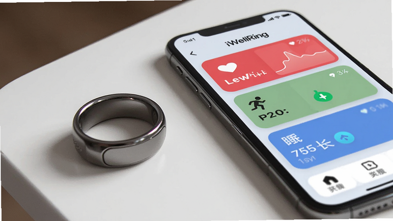 主体:一款银灰色智能戒指放在白色桌面上,旁边手机显示iWellRing应用主界面,界面中有心率、步数、睡眠时长等卡片布局,背景柔和。风格:写实产品摄影,清晰对焦戒指金属质感,手机屏幕内容可见。排版:戒指居左,手机居右,简洁干净。画质:高分辨率,光影自然,干净无多余元素。