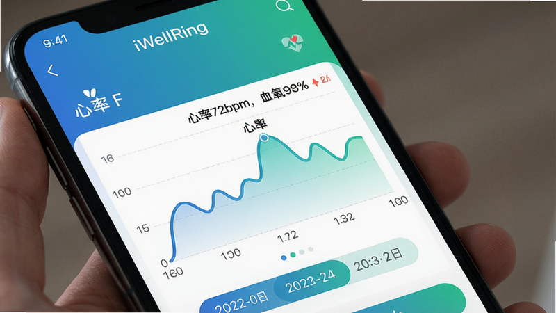 主体:手机屏幕上的iWellRing应用心率监测页面,图表显示心率曲线,数值标注“心率72bpm,血氧98%”。布局:图表占屏幕主体,底部有日期切换按钮。风格:扁平化UI设计,蓝绿渐变配色。细节:图中文字如“心率”、“血氧”清晰可见。画质:高清,无多余元素。