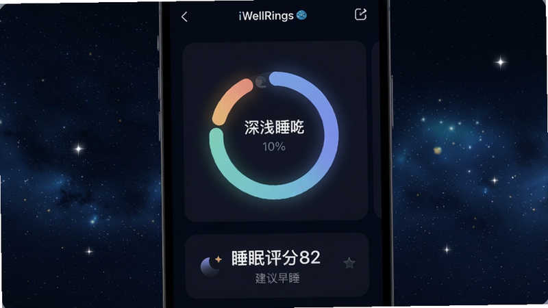主体:手机屏幕展示iWellRing睡眠报告页面,环形图表显示深浅睡比例,底部有“睡眠评分82”和“建议早睡”文字。风格:夜间深色模式,柔和发光效果。排版:数据卡片居中,背景为星空元素。画质:干净无噪点。